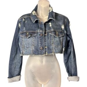 Madden NYC Blue Cropped Denim Jean Jacket Size L Medium Wash Distressed